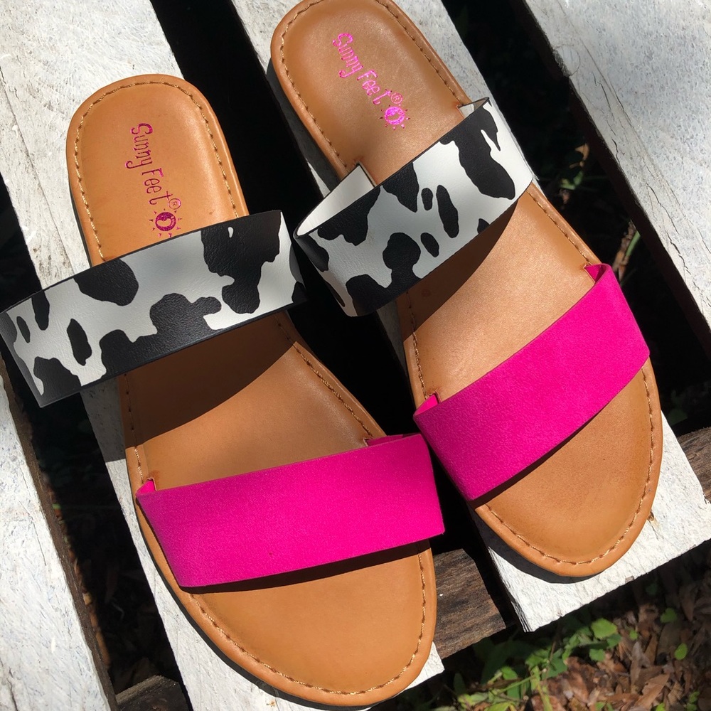 Cow print & hot pink sandals